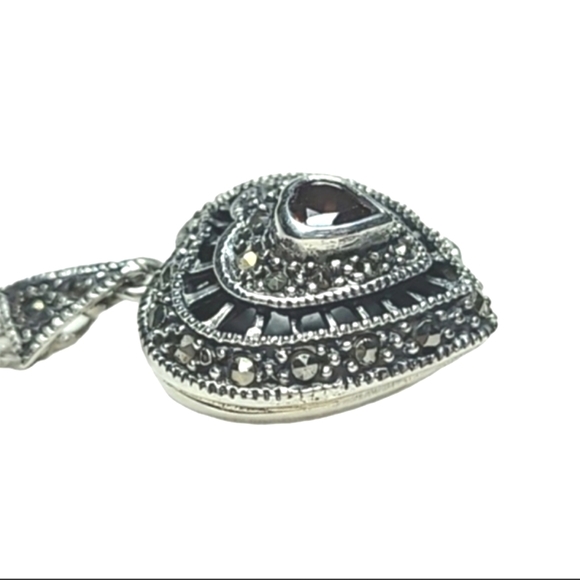 Dee Berkley Pure 925 Sterling Heart Locket Necklace Garnet Marcasite - Picture 4 of 8